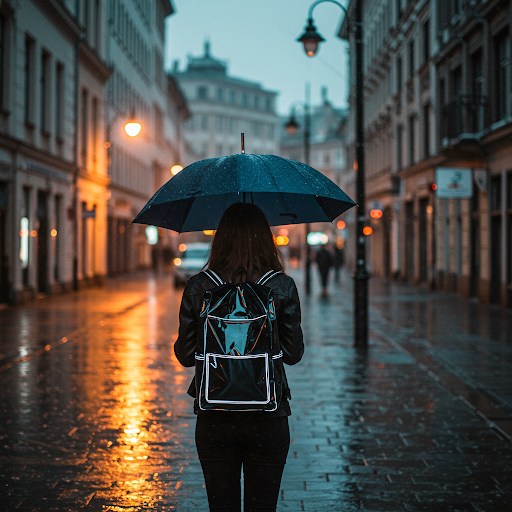 Người dùng balo chống nước dưới mưa tại thành phố.